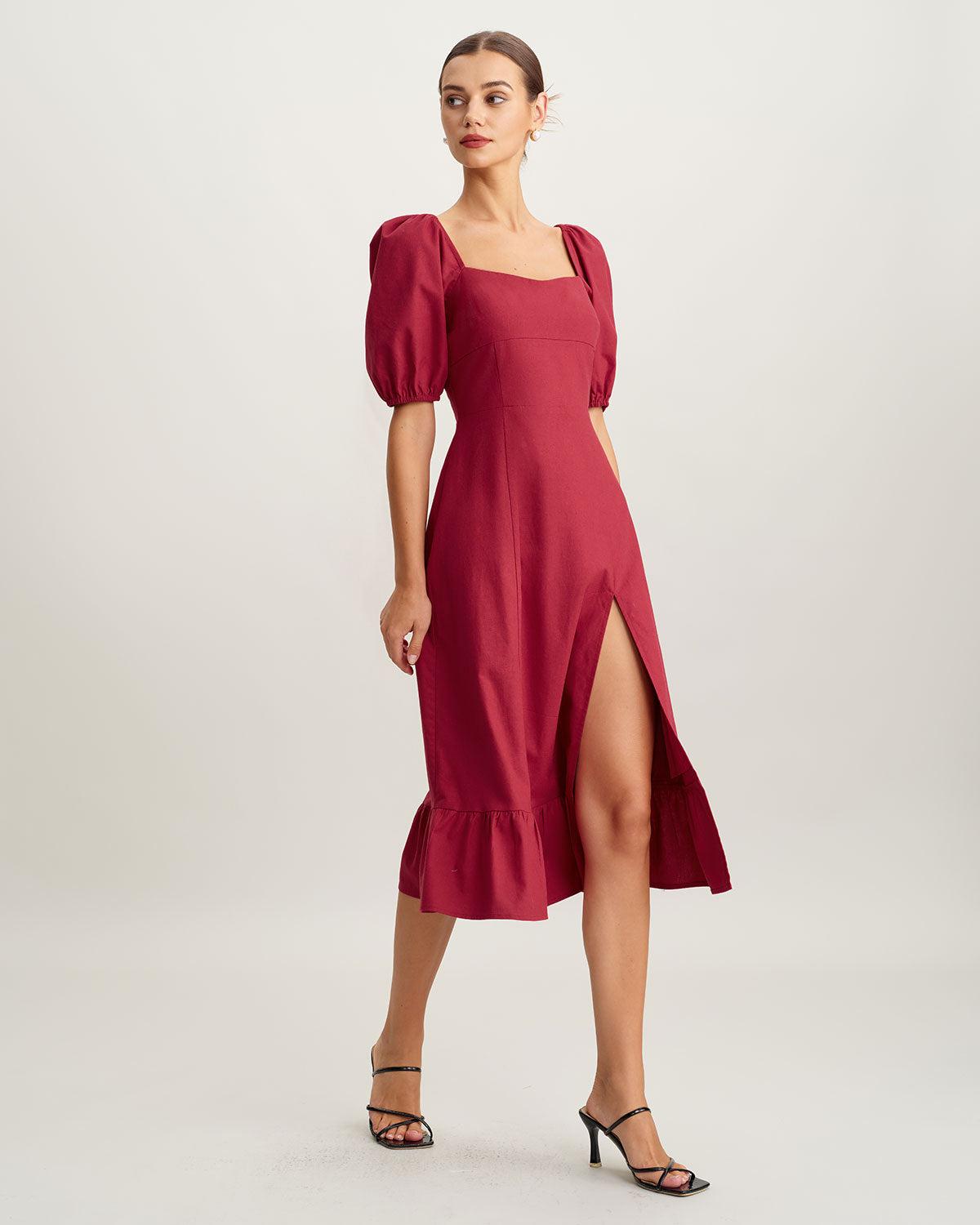 Red Square Neck Shirred Midi Dress Product Image