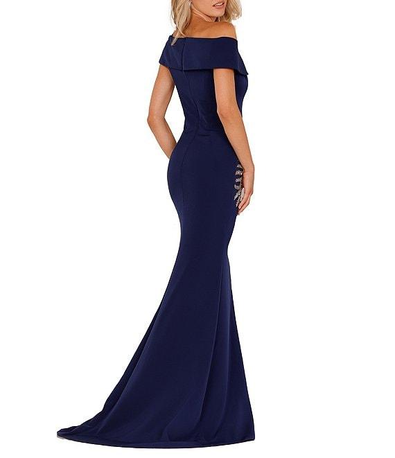 Terani Couture Off-the-Shoulder Short Sleeve Side Slit Cascading Leaf Bead Mermaid Gown Product Image