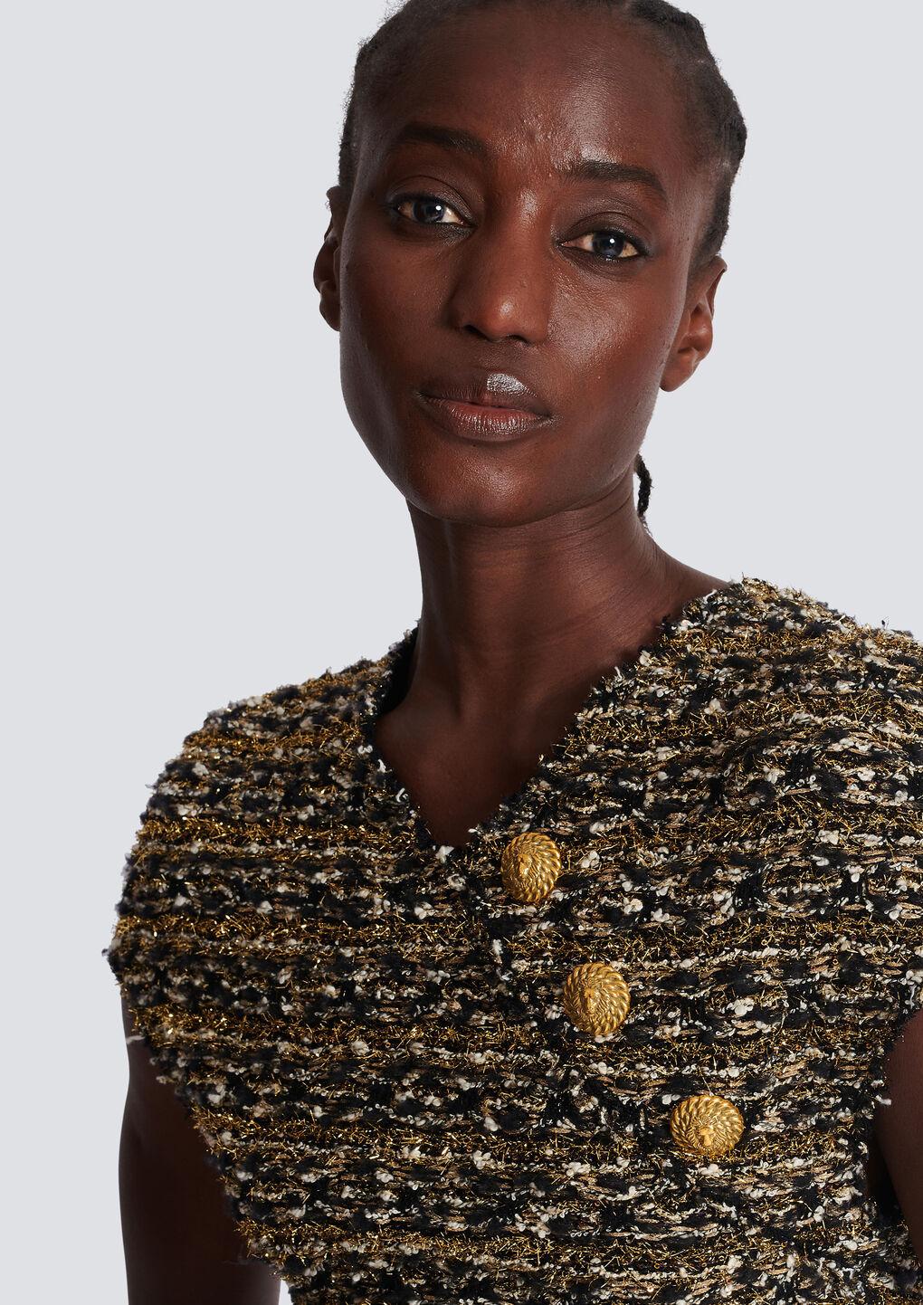 BALMAIN Button-embellished Metallic Bouclé-tweed Mini Dress In Black Gold Product Image