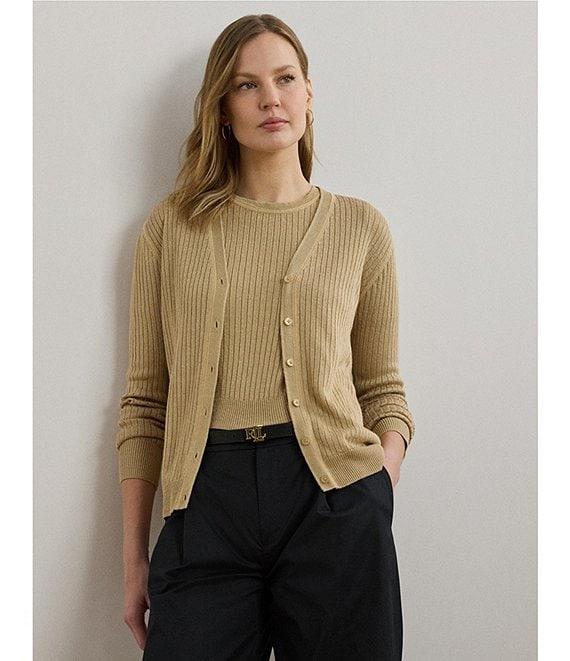 Lauren Ralph Lauren Coordinating Linen Blend Ribbed Knit V-Neck Long Sleeve Cardigan Product Image