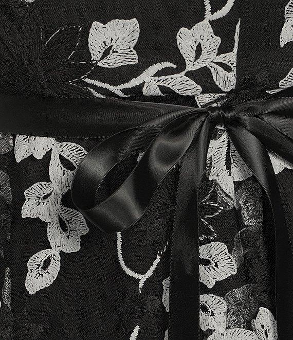 Alex Evenings Crew Neck Sleeveless Tie Sash Embroidered Stretch Tulle High Low Midi Dress Product Image