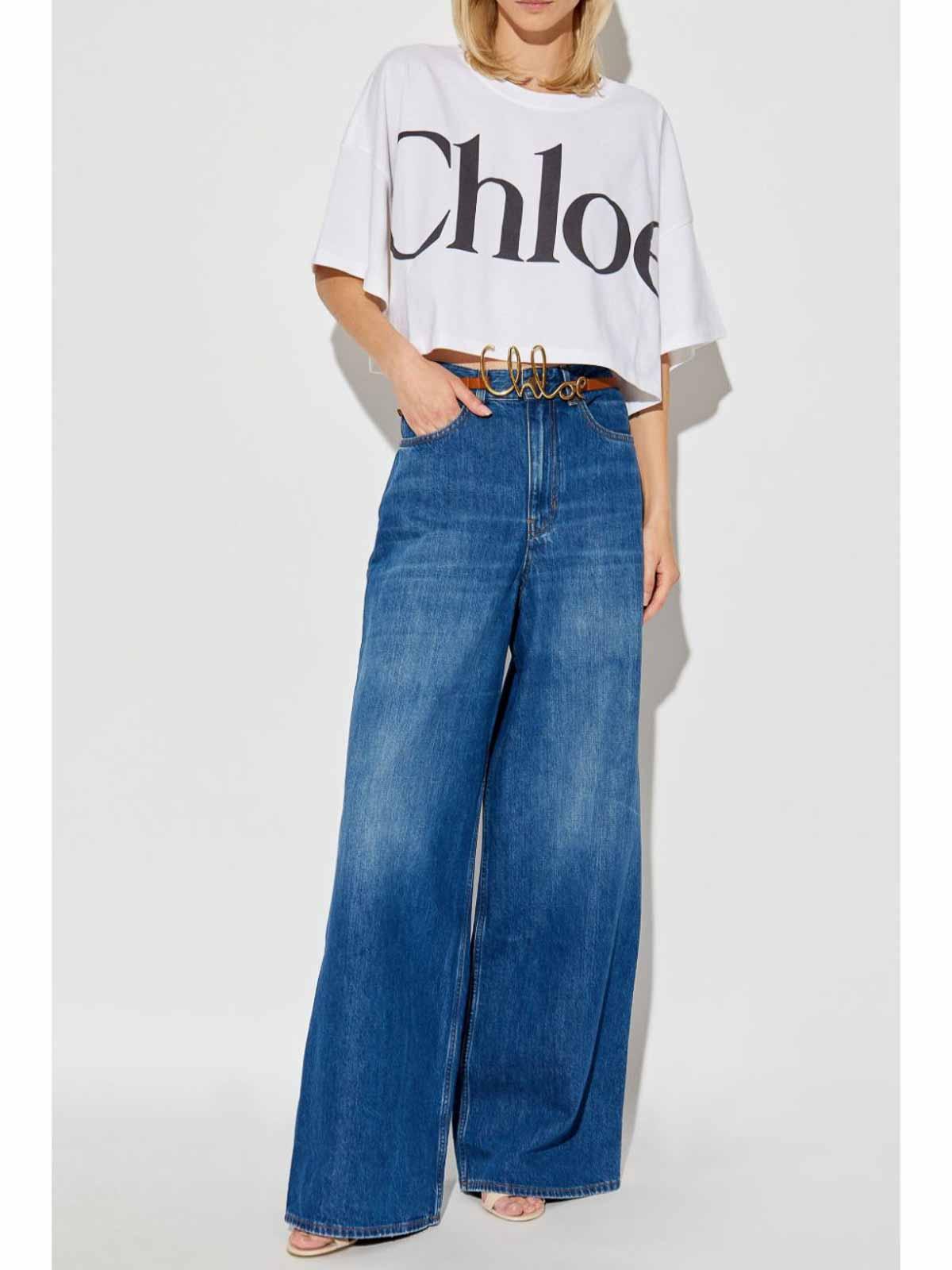 CHLOÉ White Cropped Crewneck T-shirt With Maxi Logo Print On The Front In Cotton Woman In Multicolor Product Image