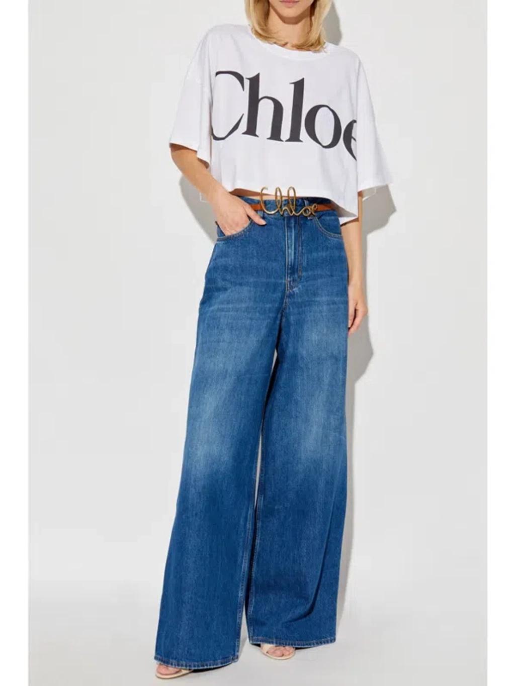 CHLOÉ White Cropped Crewneck T-shirt With Maxi Logo Print On The Front In Cotton Woman In Multicolor Product Image