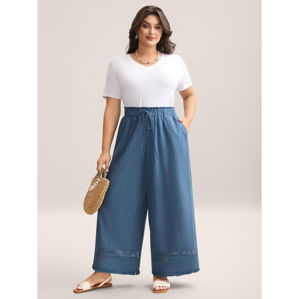 Plus Size Cotton Waist-Tie Lace Wide-Leg Pants Women Cerulean Boho Wide Leg Mid Rise Vacation Pants BloomChic 14-16/1X Product Image