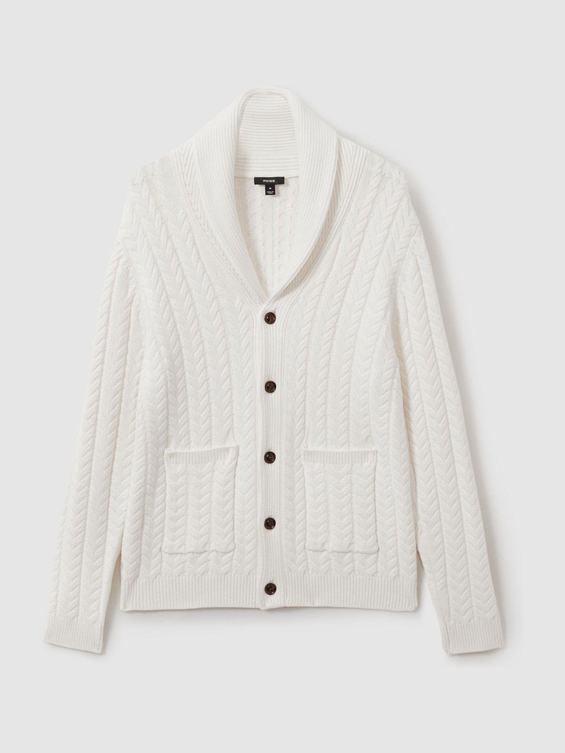 Cabled Shawl-Collar Cardigan with Cotton and Wool in White Product Image