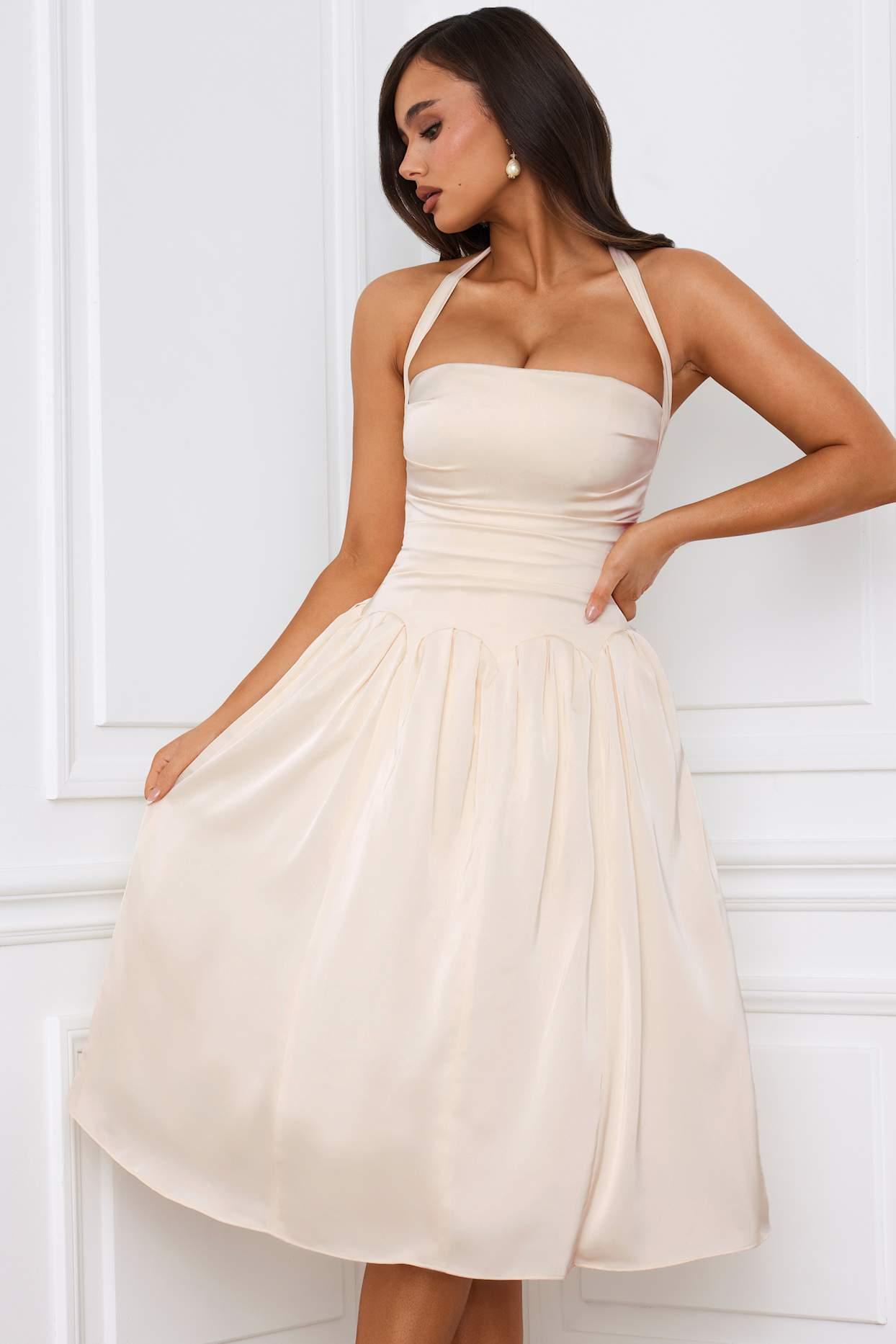 Halterneck Lace-Up Ruched Corset Midi Dress in Ivory Product Image