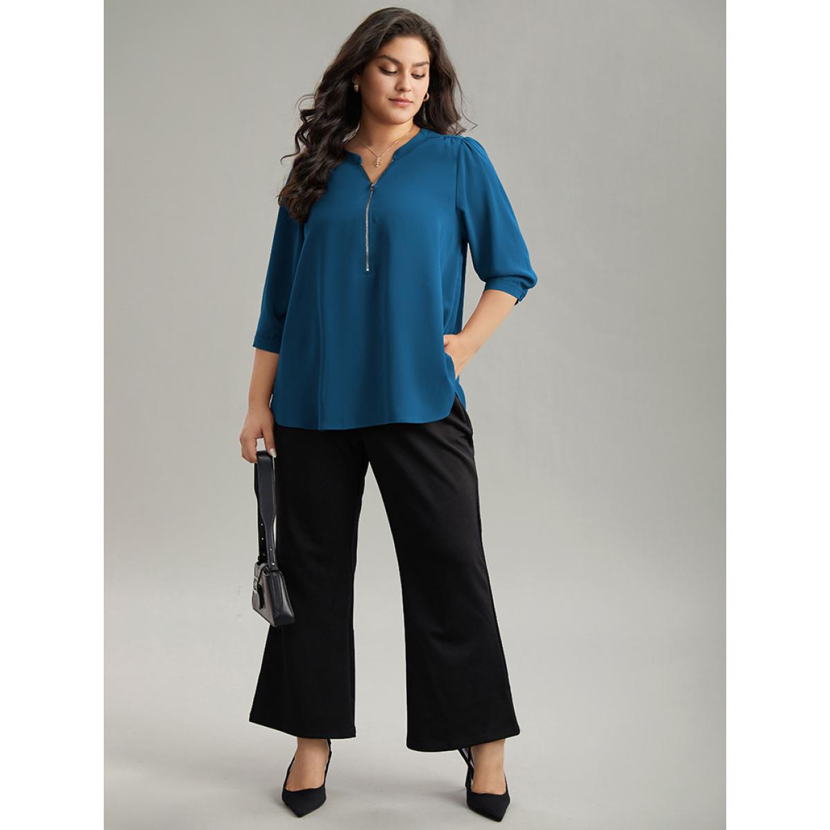 Plus Size Aegean Plain Half Zip Gathered Blouse Women Work From Home Elbow-length sleeve V-neck Office Blouses BloomChic 14-16/1X Product Image