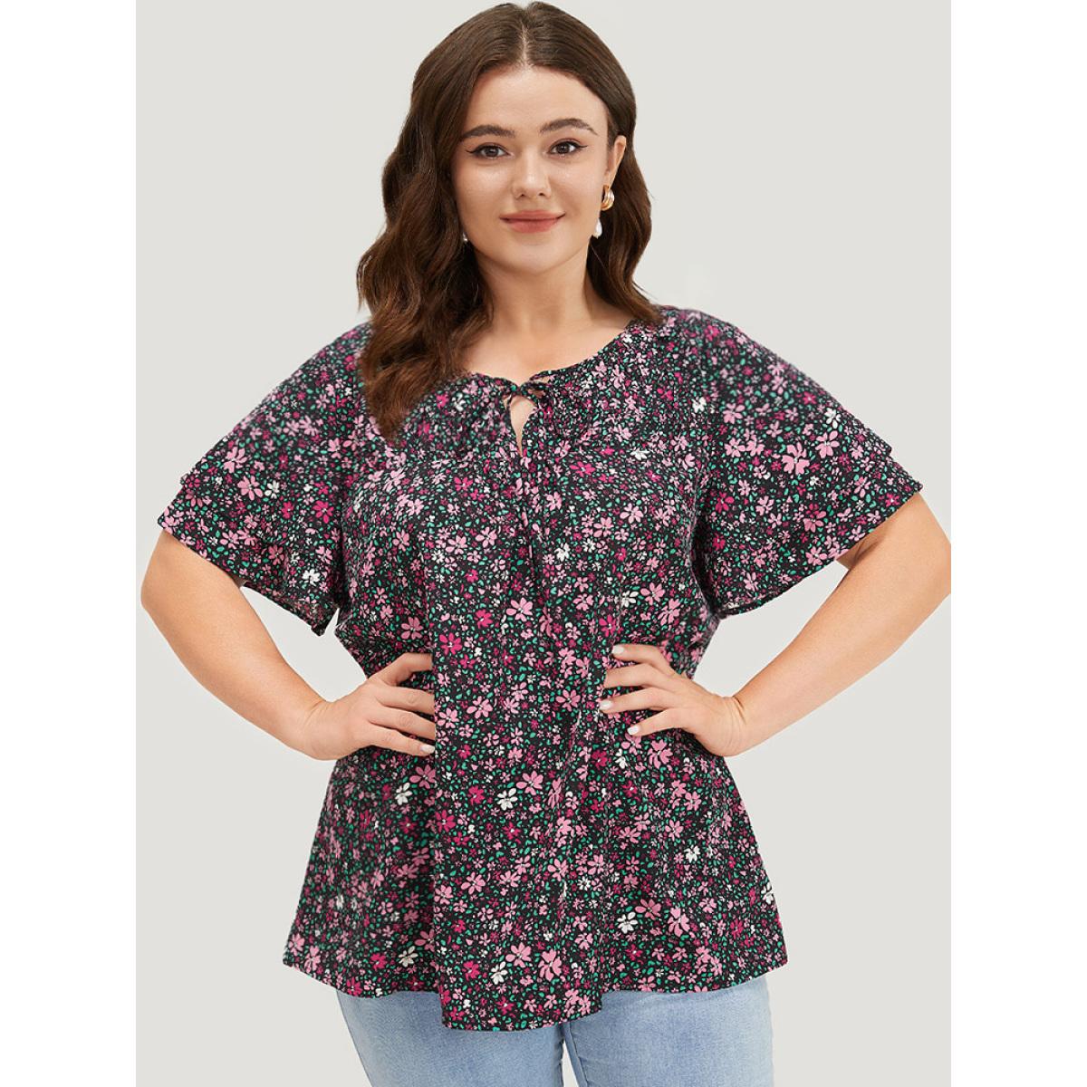 Plus Size BlackFlower Ditsy Floral Knot Neck Flutter Sleeve Layered Blouse Women Elegant Short sleeve Tie Neck Dailywear Blouses BloomChic 10/M Product Image