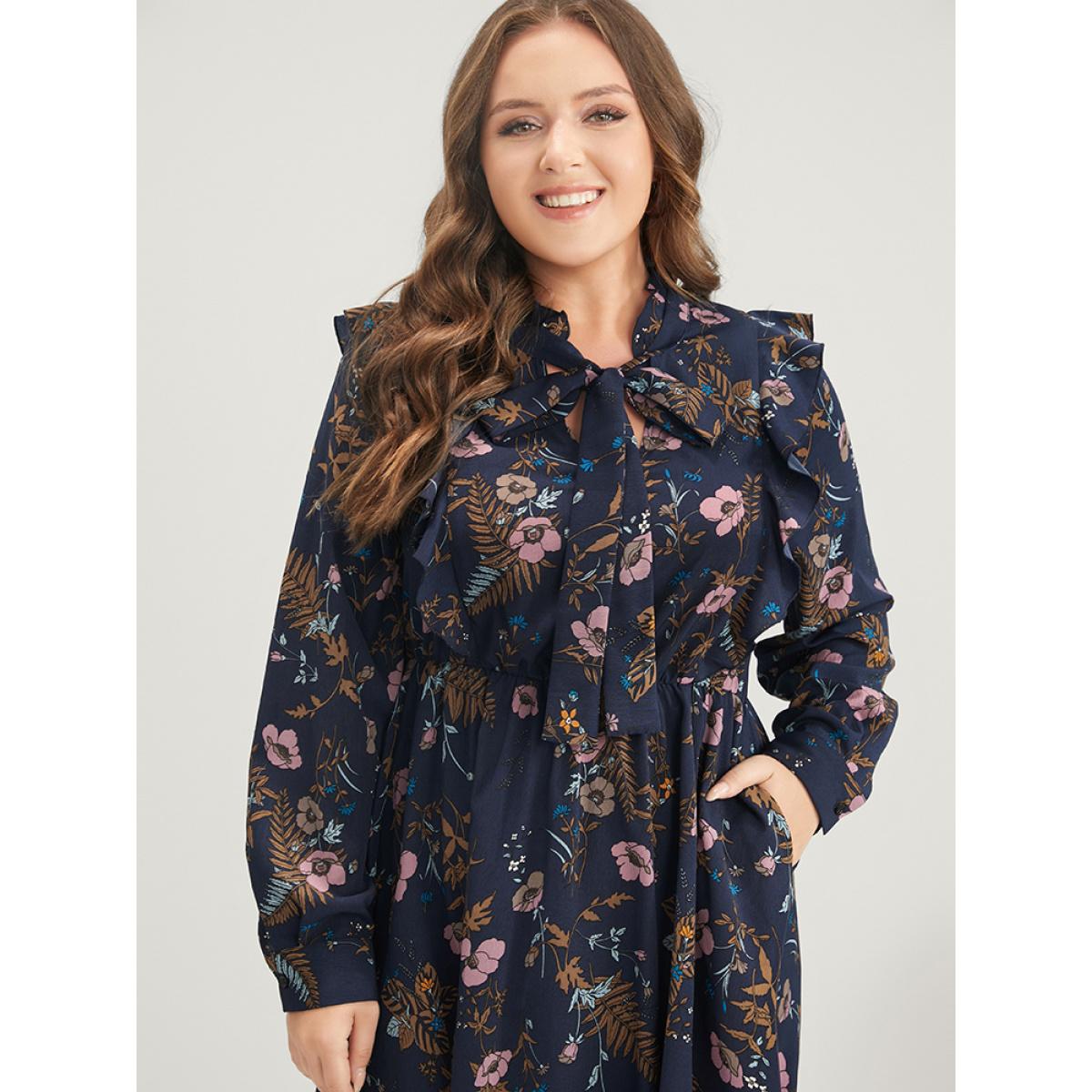Plus Size Floral Pocket Knotted Neck Ruffle Trim Split Dress DarkBlue Women Elegant Knotted Tie Neck Long Sleeve Curvy Midi Dress BloomChic 18-20/2X Product Image