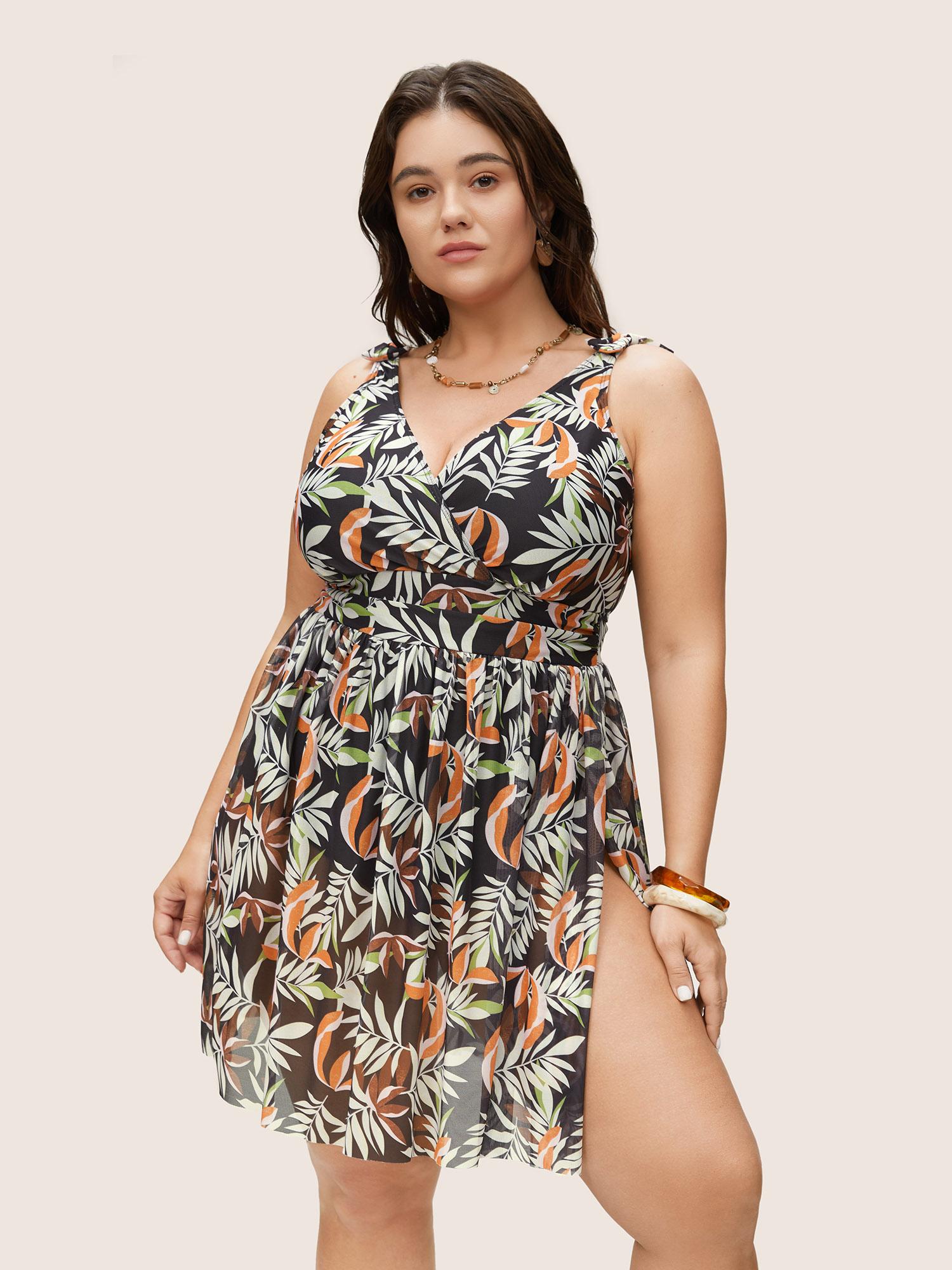 Plus Size Tropical Print Gathered Split Hem Swim Dress Women's Swimwear Black Beach Bodycon V-neck High stretch Curve Swim Dresses BloomChic 14-16/1X Product Image
