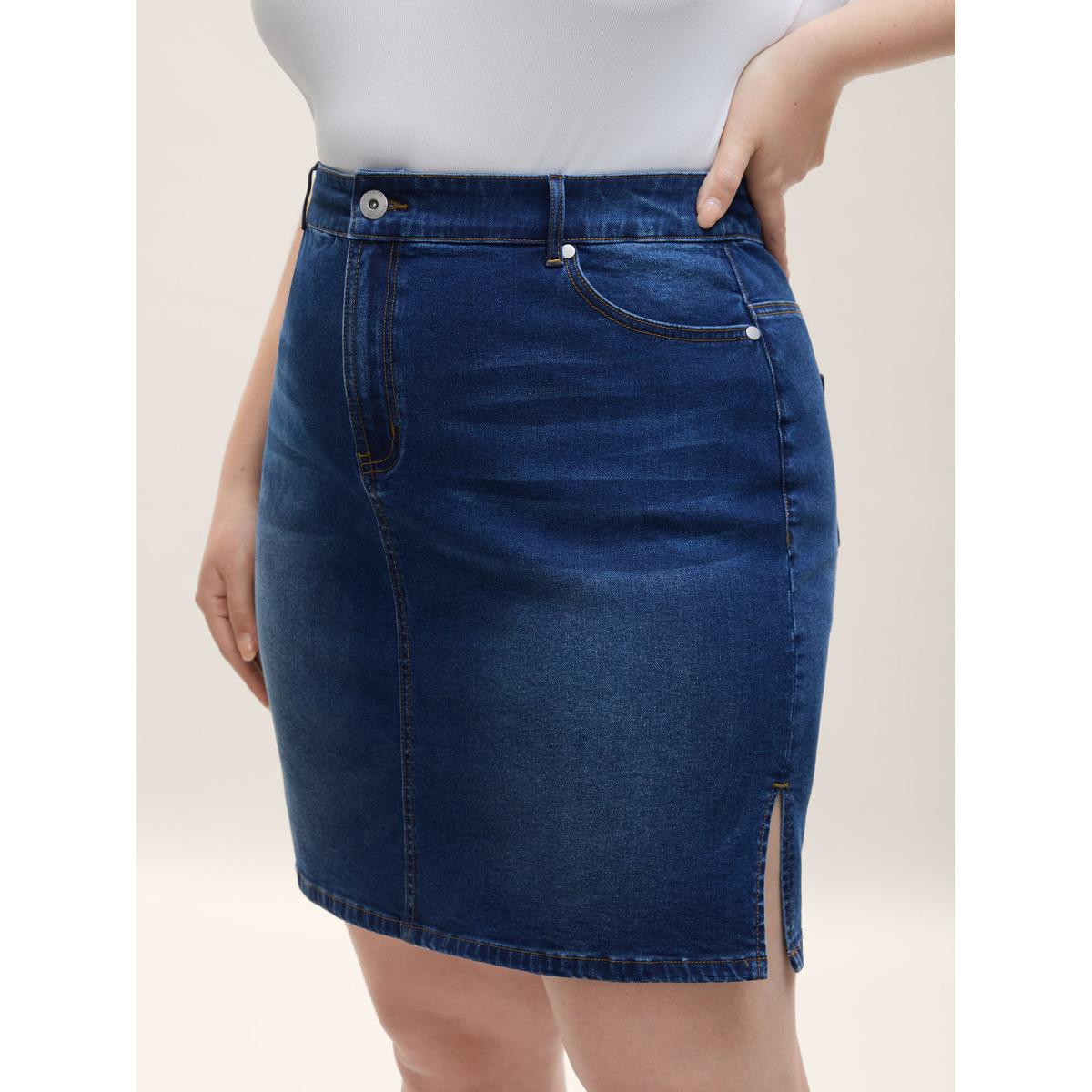 Plus Size Whiskered Classic Cut Fitted Denim Skirt Women Midblue Everyday-Casual Medium stretch Medium Wash 28/5X Slanted pocket Denim Skirts BloomChic Product Image
