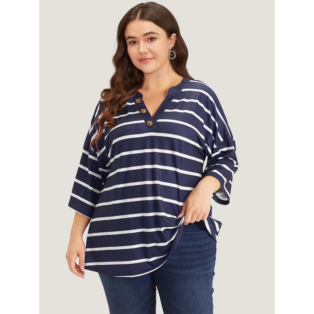 Plus Size Striped Print Button Detail Notched T-shirt Blue Women Casual Button Striped Notched collar Dailywear T-shirts BloomChic 10/M Product Image
