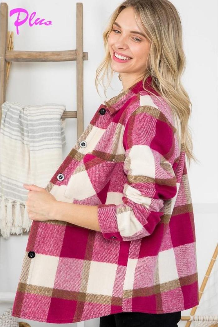 Plus Fuzzy Plaid Button-down Shacket Product Image