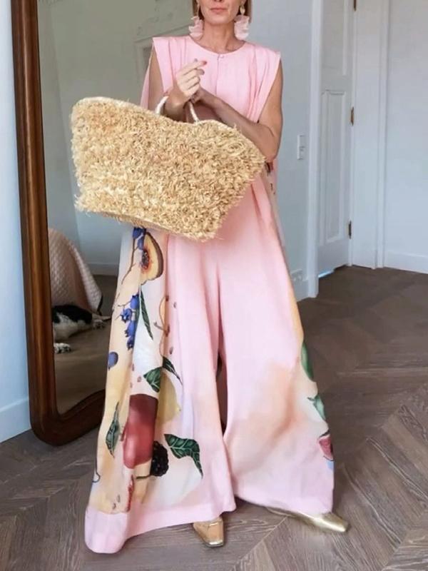 Loose Sleeveless Flower Print Round-Neck Jumpsuits Product Image