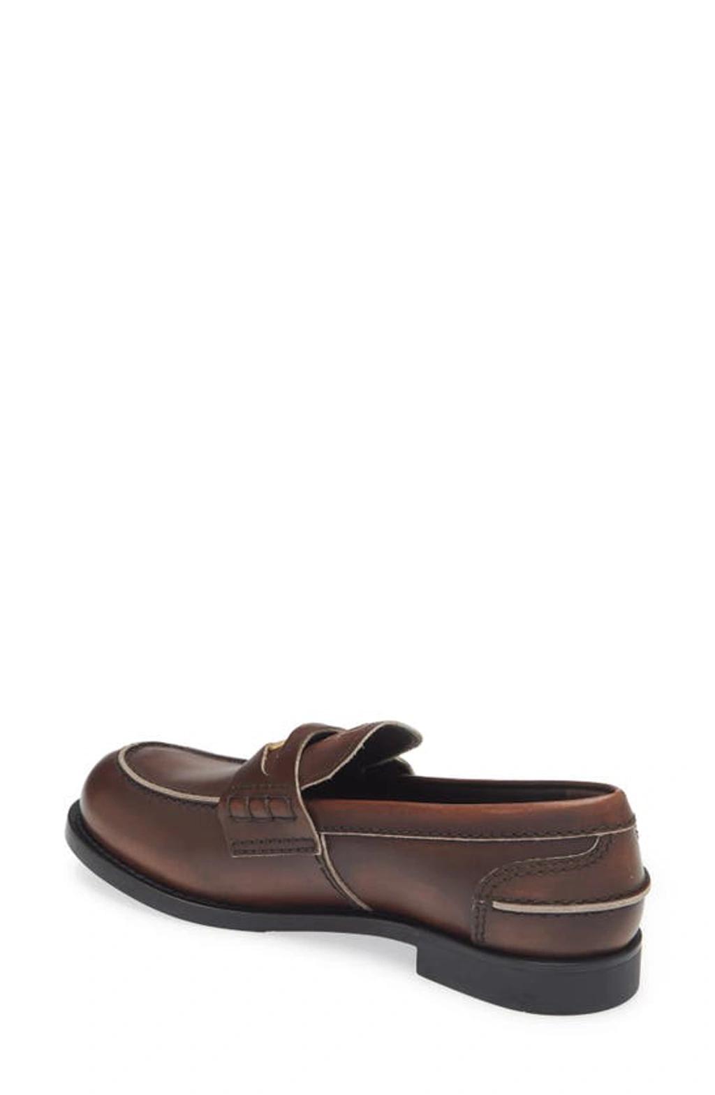MIU MIU Leather Distressed Penny Loafers In Brown Product Image