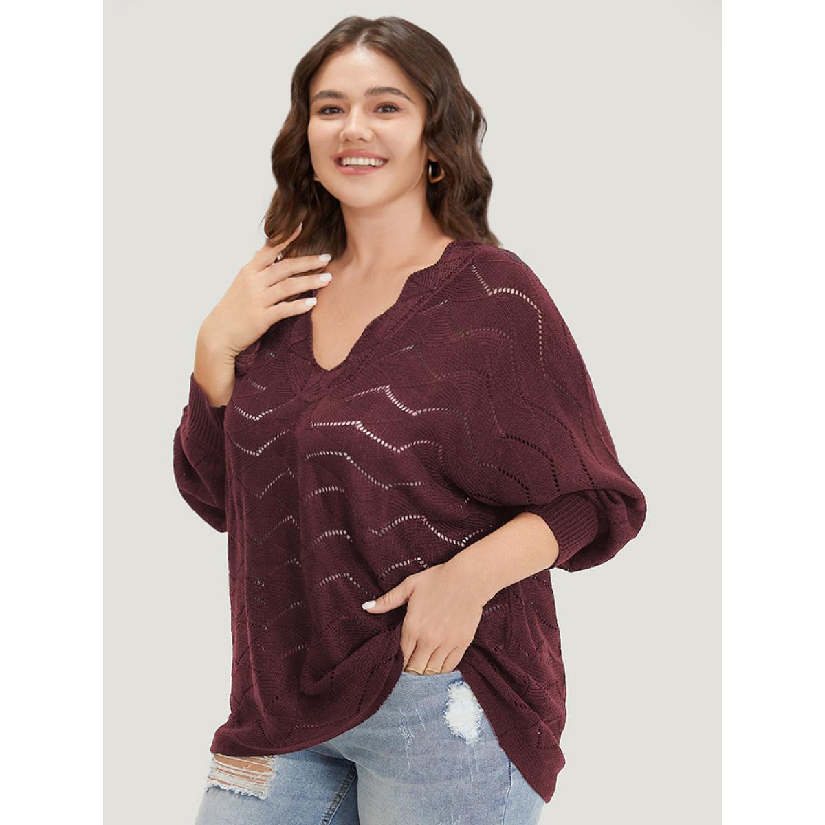 Plus Size Plain Geometric Eyelet Elastic Cuffs Patchwork Pullover Burgundy Women Casual Loose Long Sleeve V-neck Dailywear Pullovers BloomChic 14-16/1X Product Image