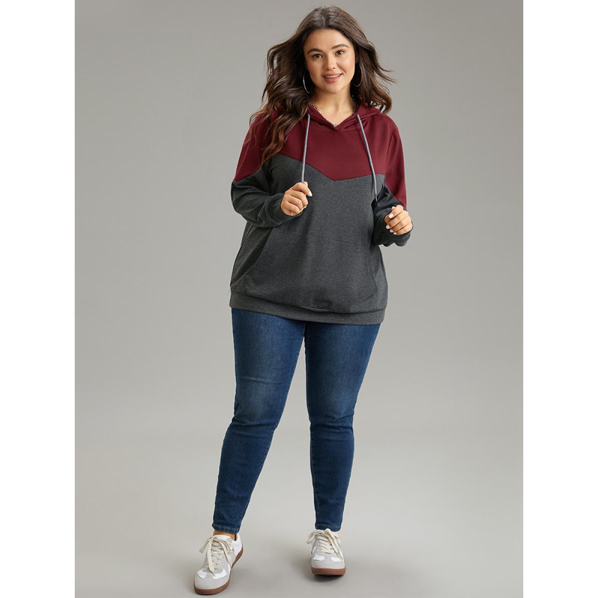 Plus Size Contrast Patchwork Hooded Pocket Drawstring Sweatshirt Women Burgundy Casual Contrast Hooded Dailywear Sweatshirts BloomChic 30/6X Product Image