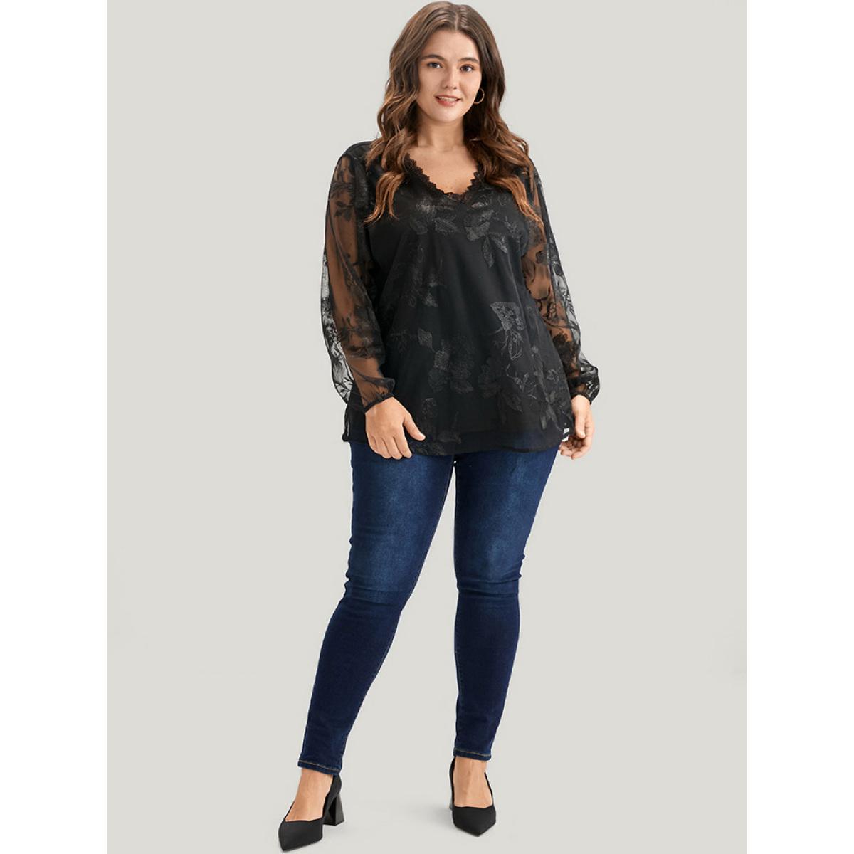 Plus Size Black Floral Lace Mesh Lantern Sleeve Blouse Women Glamour Long Sleeve V-neck Going out Blouses BloomChic 18-20/2X Product Image