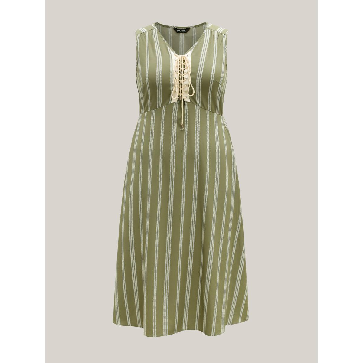 Plus Size Solid Stripes Bust Lace-Up Midi Dress Olive Women V-neck Sleeveless Curvy BloomChic 12/L Product Image