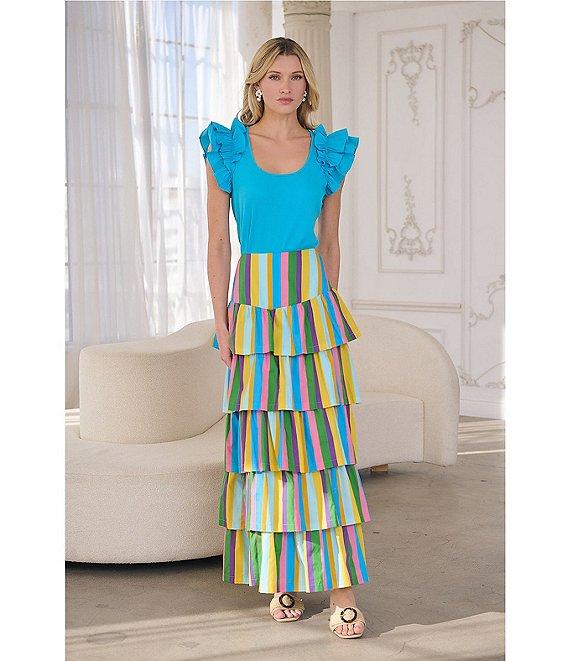 Sugarlips Scooped Neck Ruffle Shoulder Cap Sleeve Ribbed Mixed Media Top Product Image