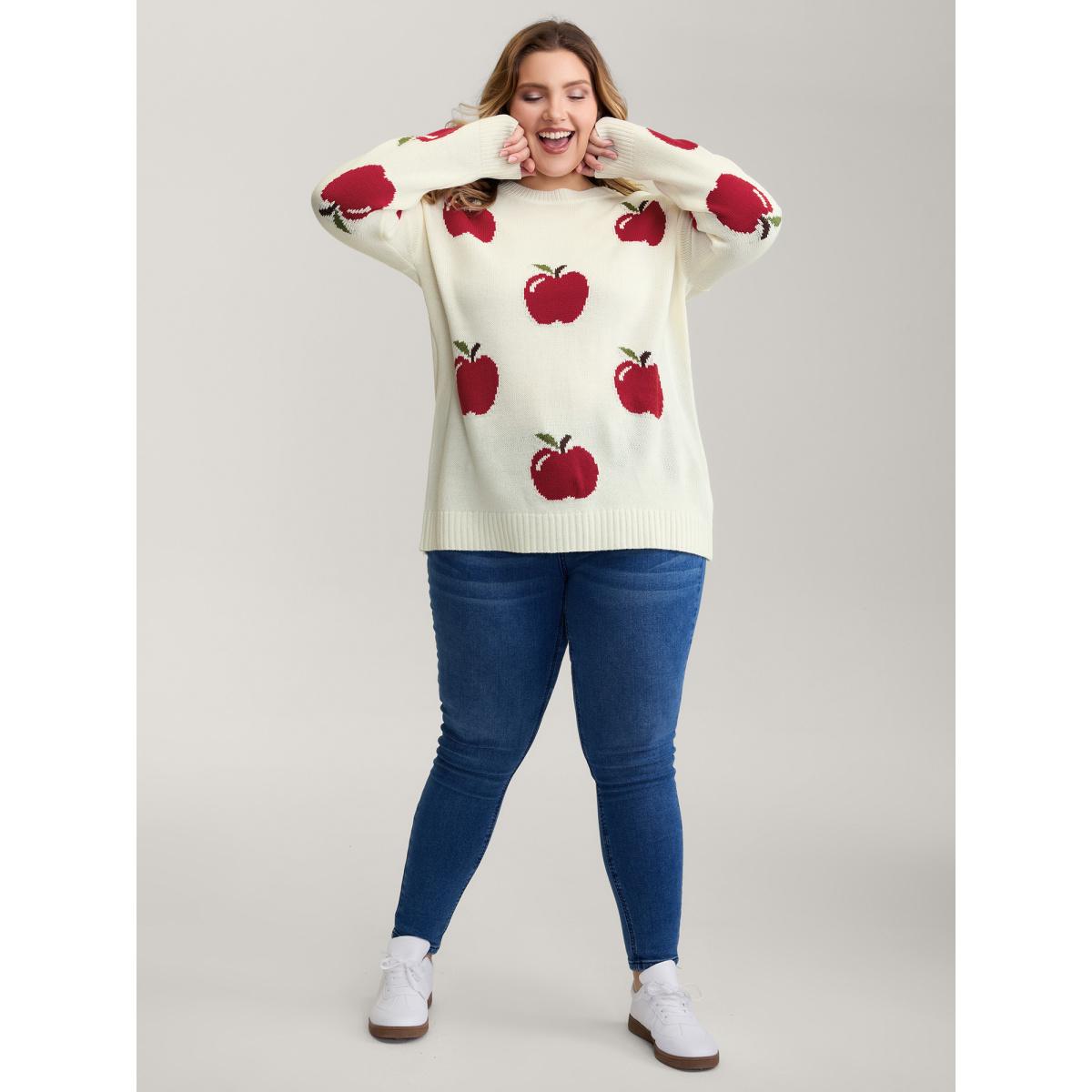 Plus Size Sweet Apple Print Jacquard Print Pullover Ivory Women Playful Loose Long Sleeve Round Neck Casual Pullovers BloomChic 28/5X Product Image
