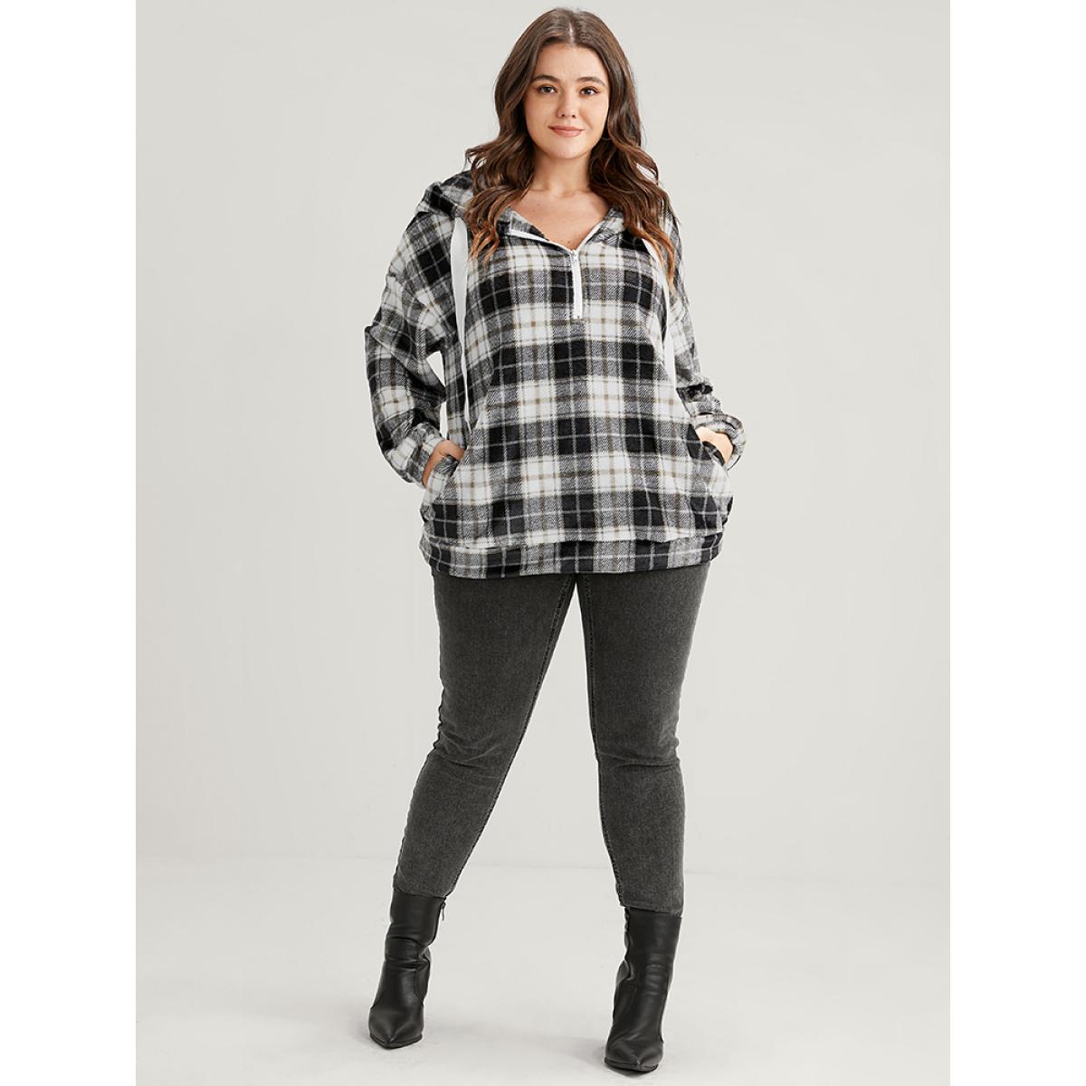 Plus Size Plaid Pocket Half Zipper Drawstring Hooded Sweatshirt Women DarkGray Casual Pocket Hooded Dailywear Sweatshirts BloomChic 10/M Product Image