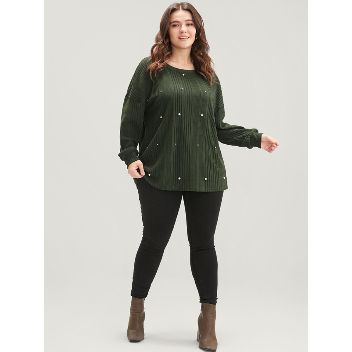 Plus Size Solid Round Neck Pearls Beaded Rib Knit Sweatshirt Women DarkGreen Casual Beaded Round Neck Dailywear Sweatshirts BloomChic 28/5X Product Image