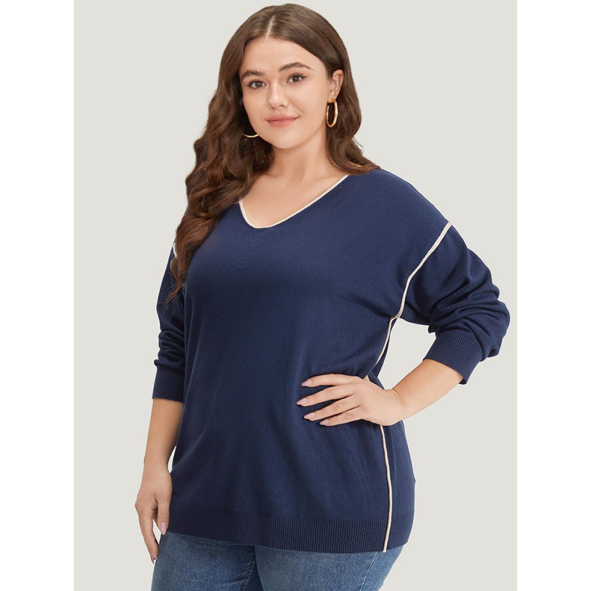 Plus Size Supersoft Essentials Contrast Trim Drop Shoulder Pullover Navy Women Casual Loose Long Sleeve V-neck Dailywear Pullovers BloomChic 18-20/2X Product Image