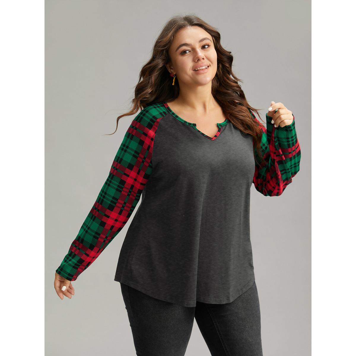 Plus Size Plaid Contrast Notched Raglan Sleeve T-shirt Gray Women Casual Contrast Plaid Festival-Christmas T-shirts BloomChic 18-20/2X Product Image