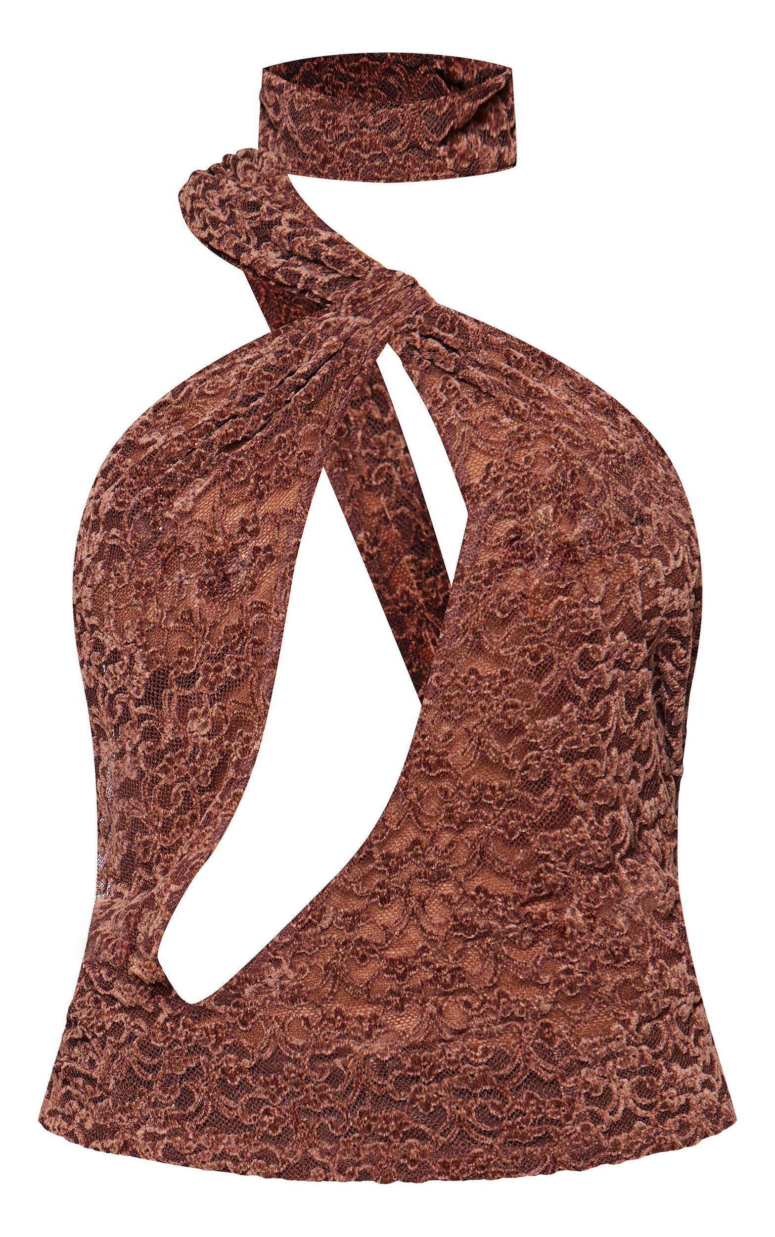 Brown Velvet Lace Highneck Cut Out Long Top Product Image