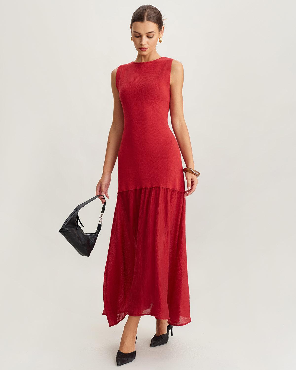 Red Ribbed Knit Sleeveless Maxi Dress Product Image