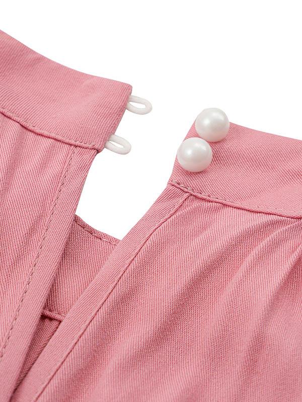 High Waisted Loose Pleated Solid Color Split-Front Tied Waist Halter-Neck Jumpsuits Product Image