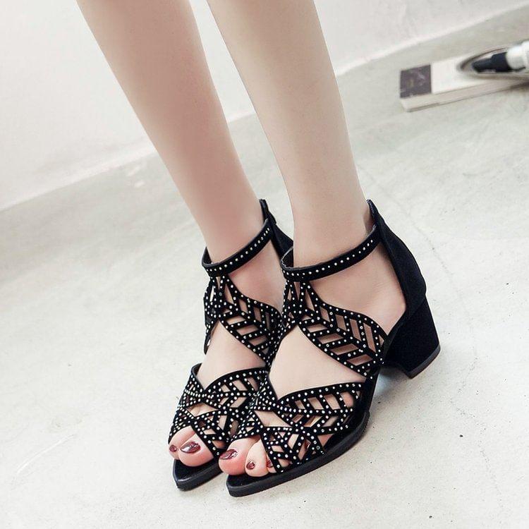 Rhinestone Faux Leather Block Heel Sandals Product Image