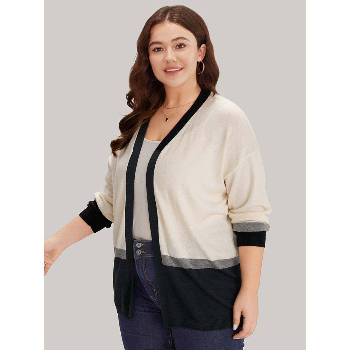 Plus Size Supersoft Essentials Colorblock Contrast Elastic Cuffs Cardigan Apricot Women Casual Loose Long Sleeve Office Cardigans BloomChic 12/L Product Image