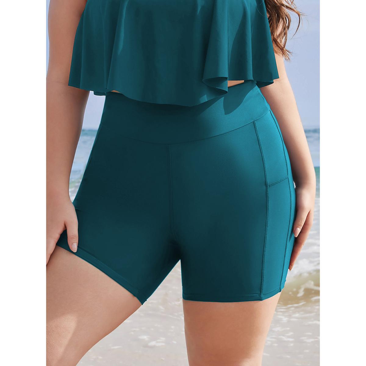 Plus Size Solid Wideband Waist Swim Shorts Women's Swimwear Aegean Beach Non High stretch Skinny High Rise Curve Swim Bottoms BloomChic 30/6X Product Image