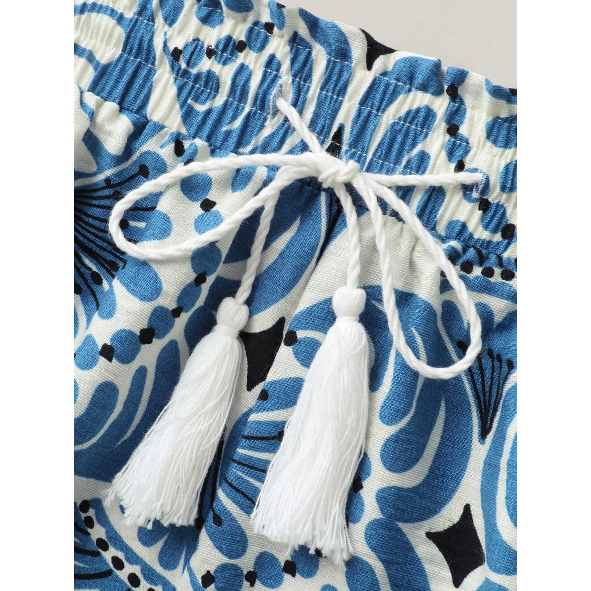 Plus Size Boho Print Shirred Waist Straight-Fit Shorts Women LightBlue Resort Drawstring Straight Leg Vacation Shorts BloomChic 12/L Product Image