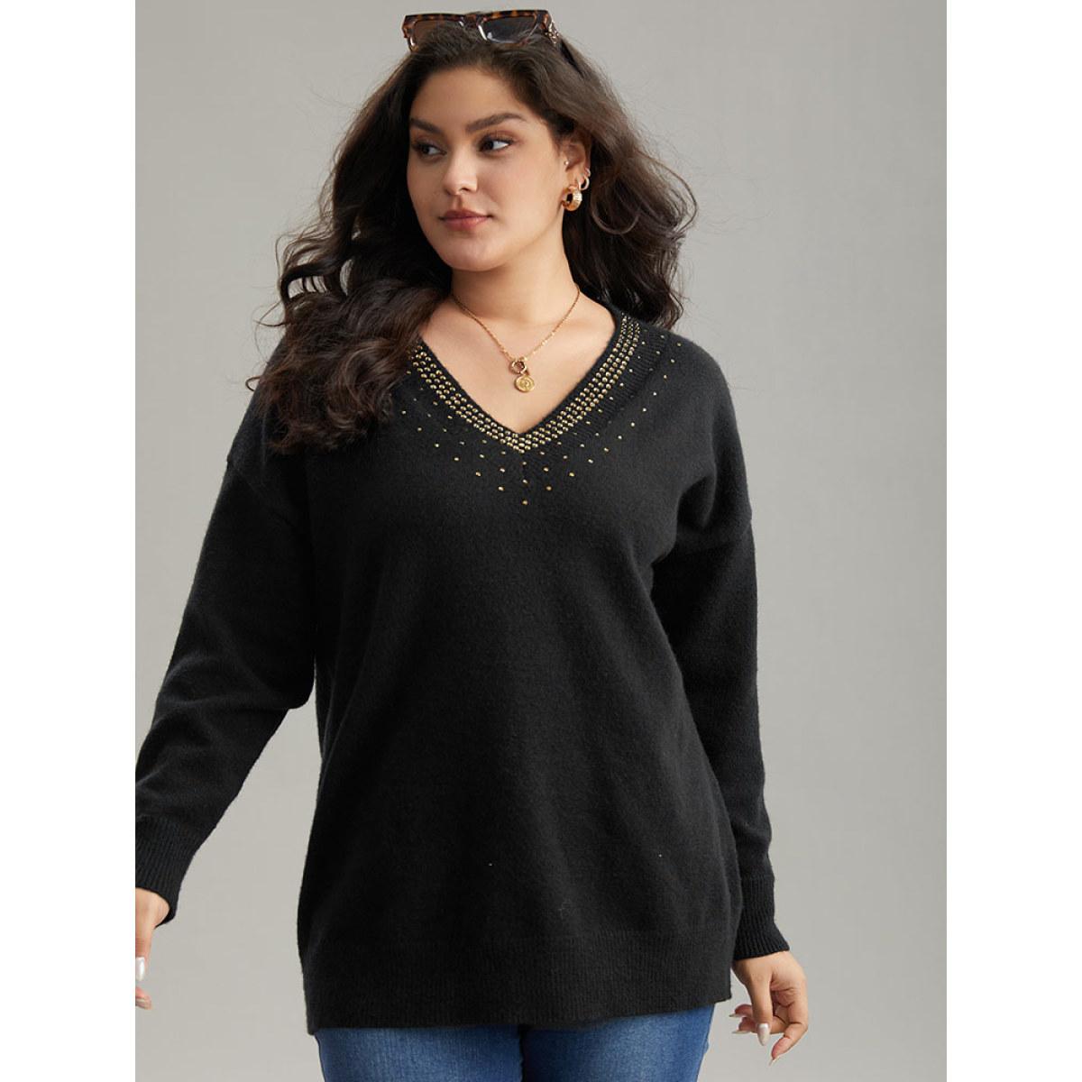 Plus Size Anti-Pilling Rhinestone Drop Shoulder Pullover Black Women Casual Loose Long Sleeve V-neck Dailywear Pullovers BloomChic 10/M Product Image