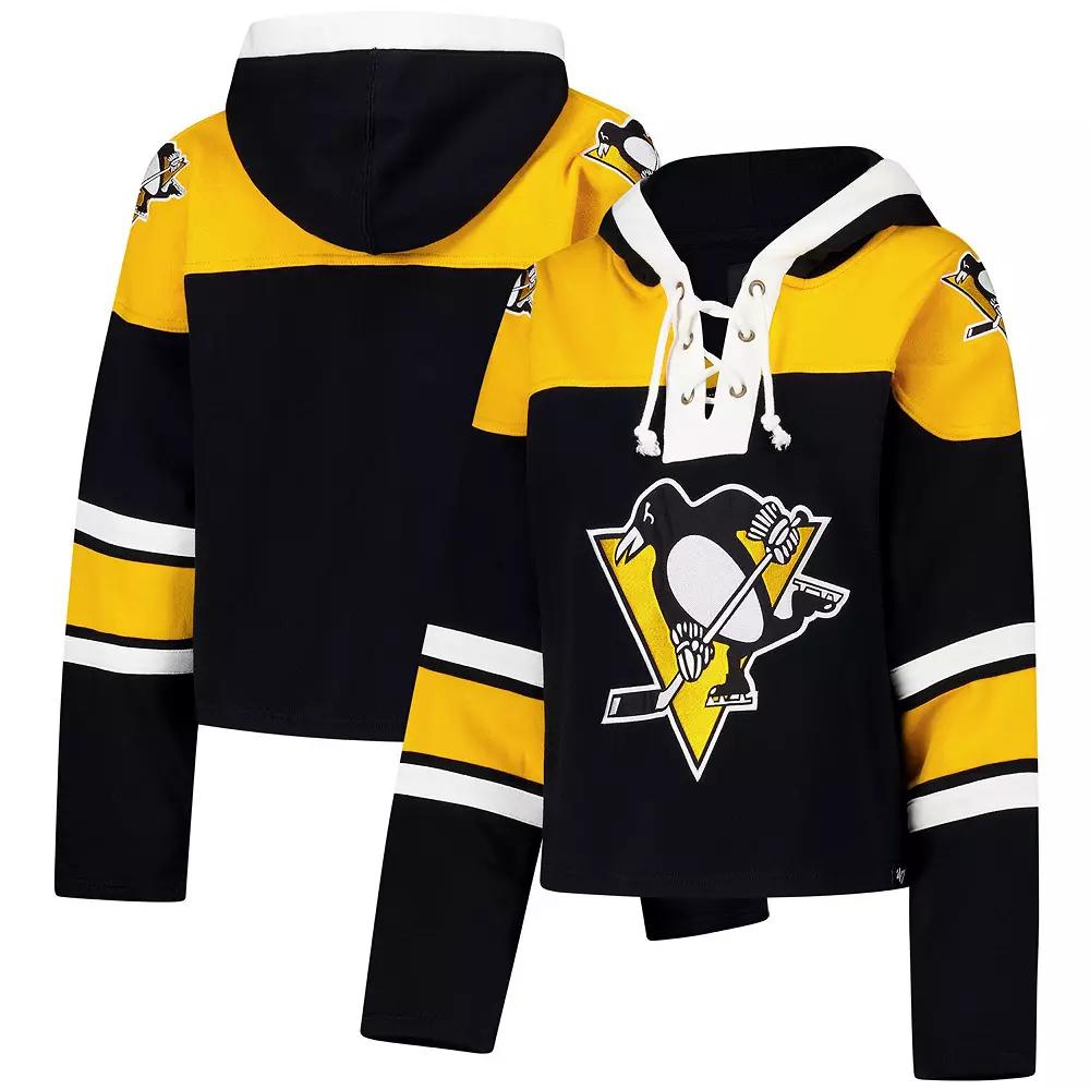 Women's '47 Black Pittsburgh Penguins Cropped Superior Lacer Pullover Hoodie, Size: 2XL Product Image