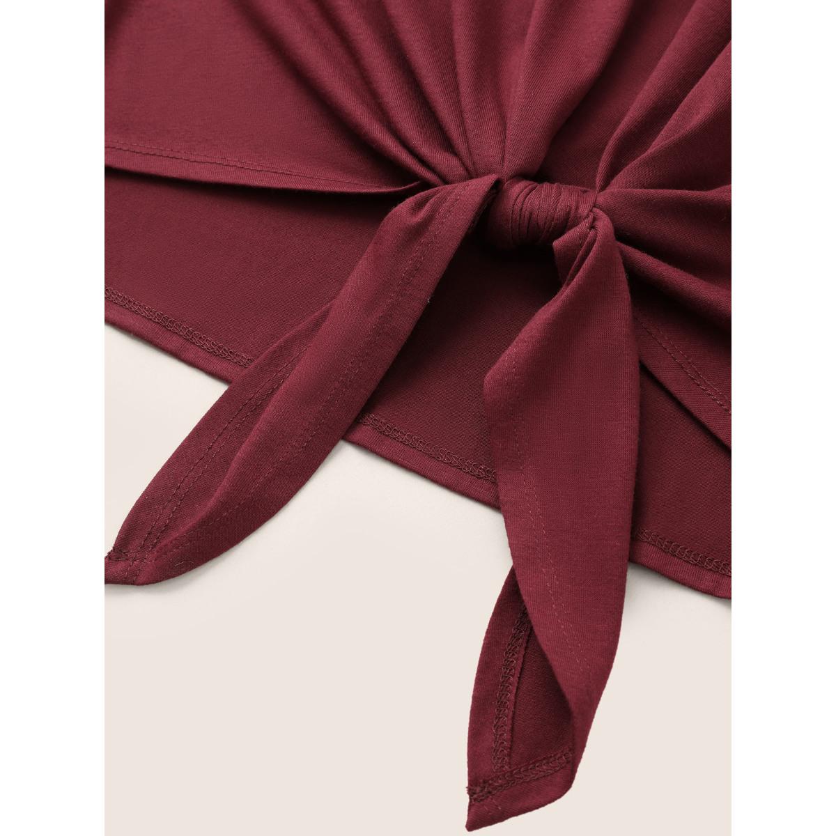 Plus Size Plain Crew Neck Ties T-shirt Burgundy Women Casual Non Plain Round Neck Everyday T-shirts BloomChic 10/M Product Image