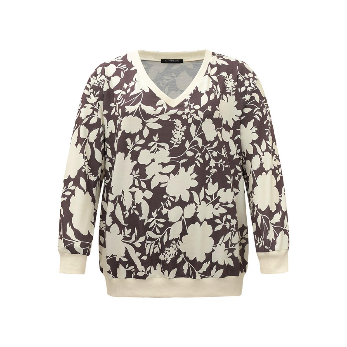 Plus Size Silhouette Floral Print Contrast Trim V Neck Sweatshirt Women DarkBrown Casual Elastic cuffs V-neck Dailywear Sweatshirts BloomChic 26/4X Product Image