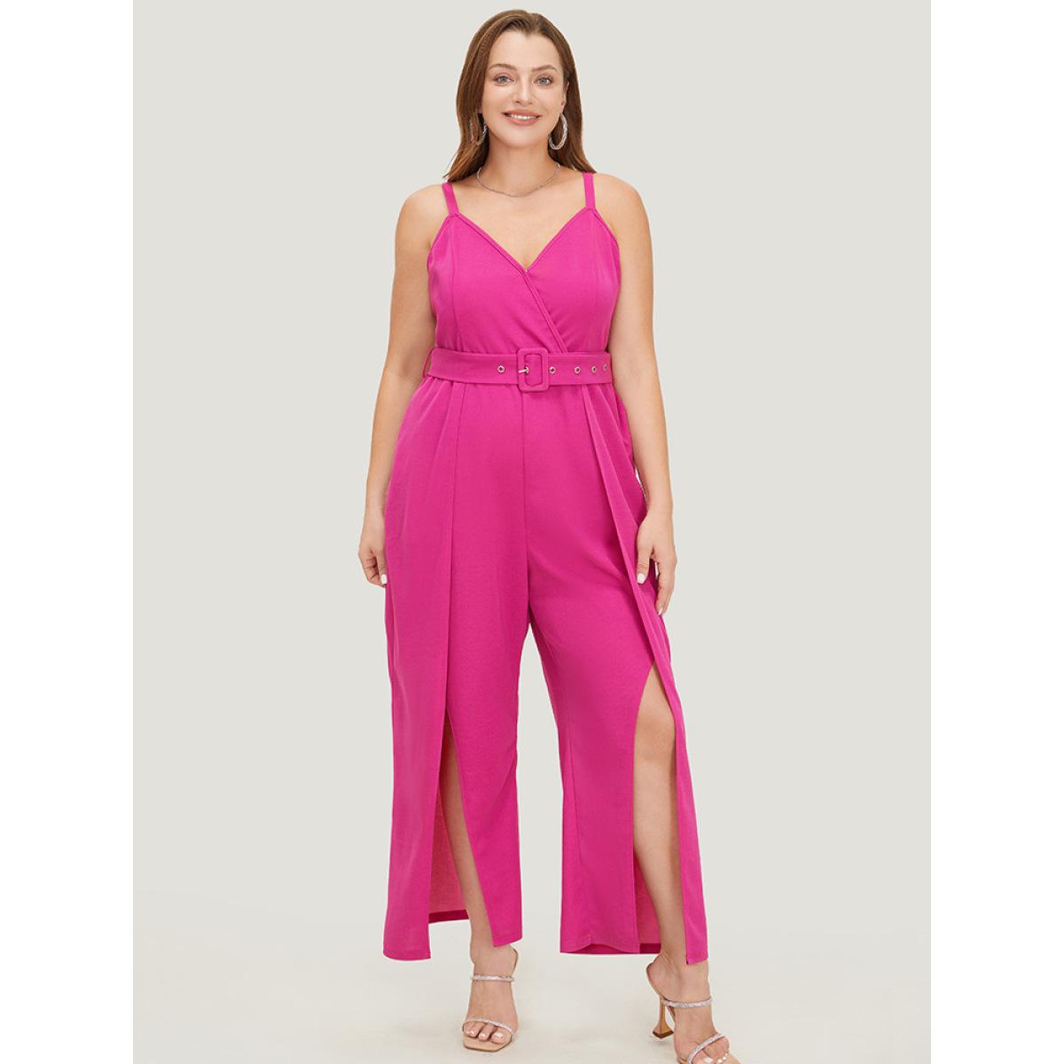 Plus Size Magenta Plain Pocket Wrap Buckle Belt Jumpsuit Women Glamour Sleeveless Spaghetti Strap Going out Loose Jumpsuits BloomChic 26/4X Product Image