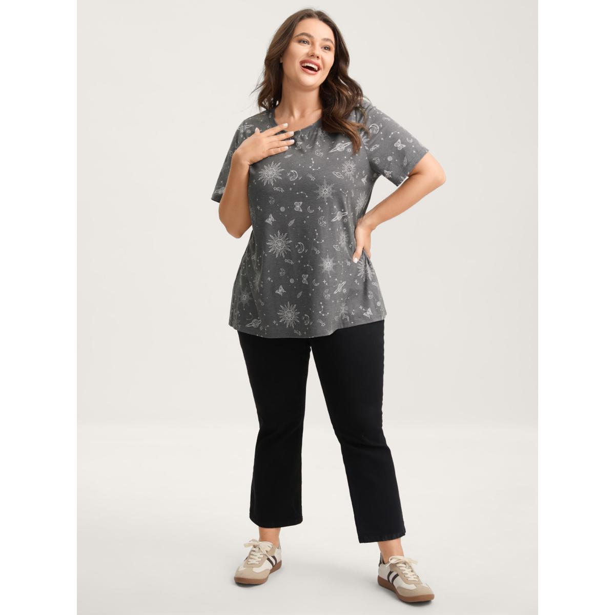 Plus Size Celestial Print Crew Neck T-Shirt DimGray Women Leisure Non Round Neck Casual T-shirts BloomChic 12/L Product Image