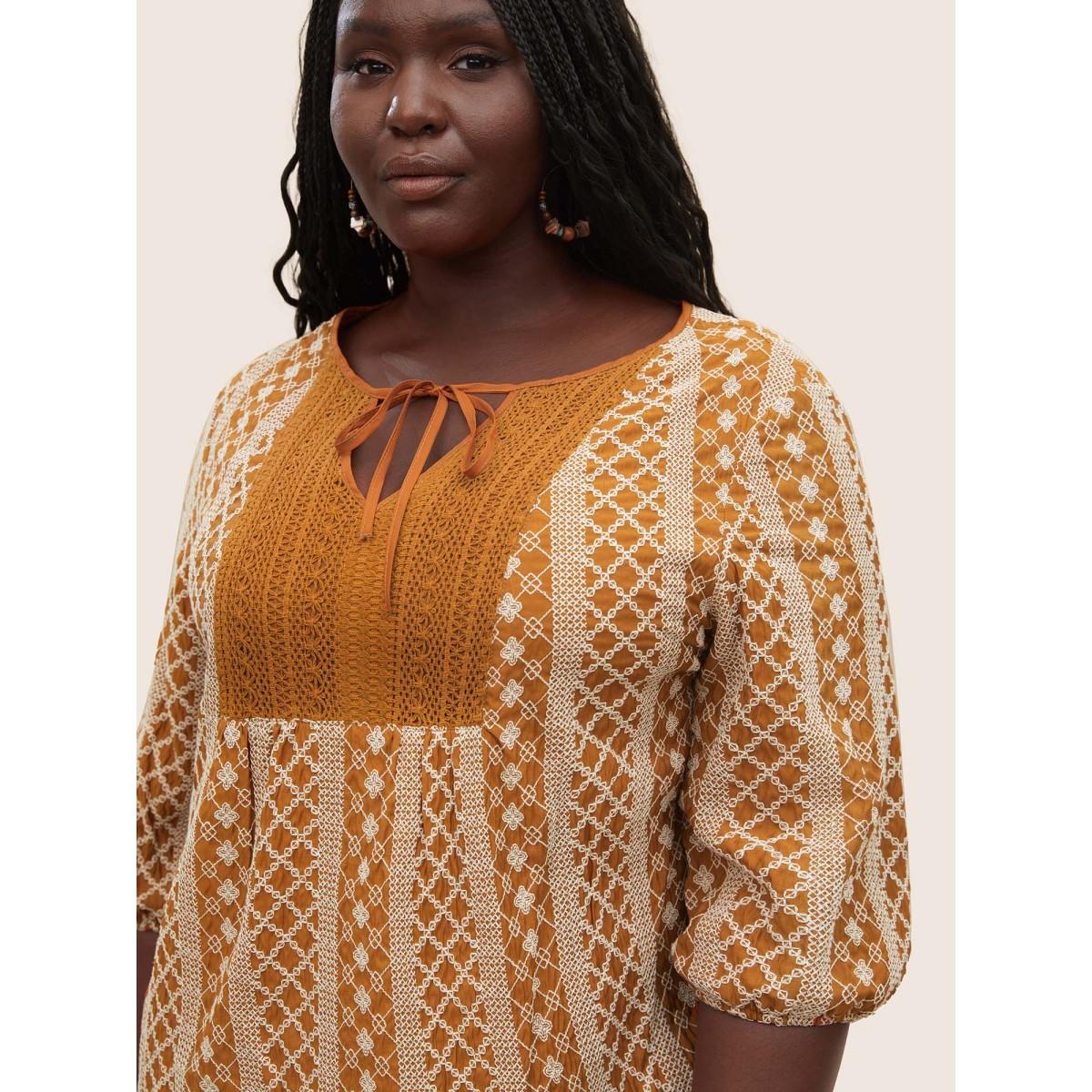 Plus Size OrangeRed Boho Print Embroidered Eyelet Lace Knot Neck Blouse Women Resort Elbow-length sleeve Flat collar with V-notch Vacation Blouses BloomChic 14-16/1X Product Image