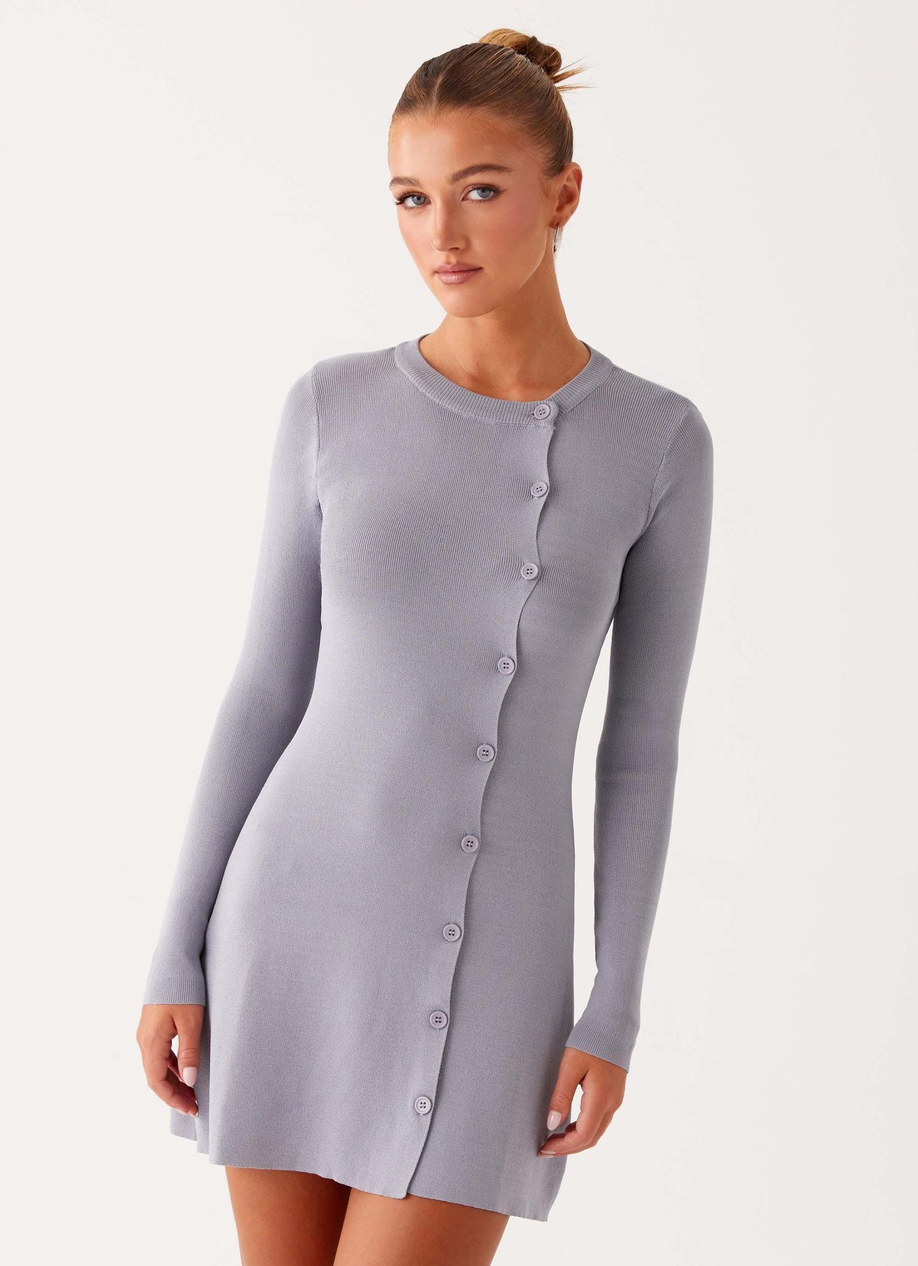 Not One Time Long Sleeve Knit Mini Dress - Grey Product Image