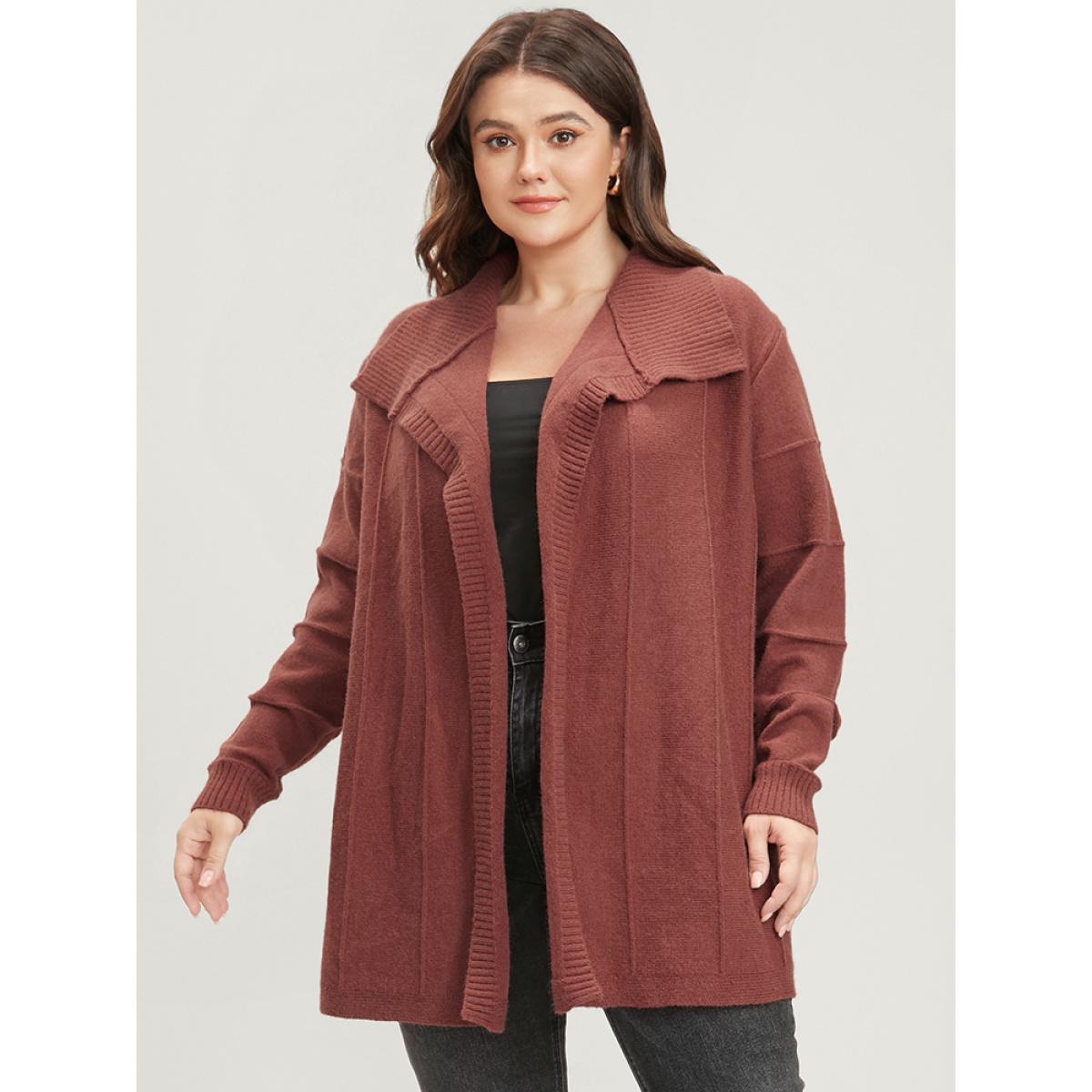 Plus Size Solid Soft Sexy Yarn Knit Lapel Collar Open Front Cardigan Maroon Women Casual Loose Long Sleeve Dailywear Cardigans BloomChic 14-16/1X Product Image