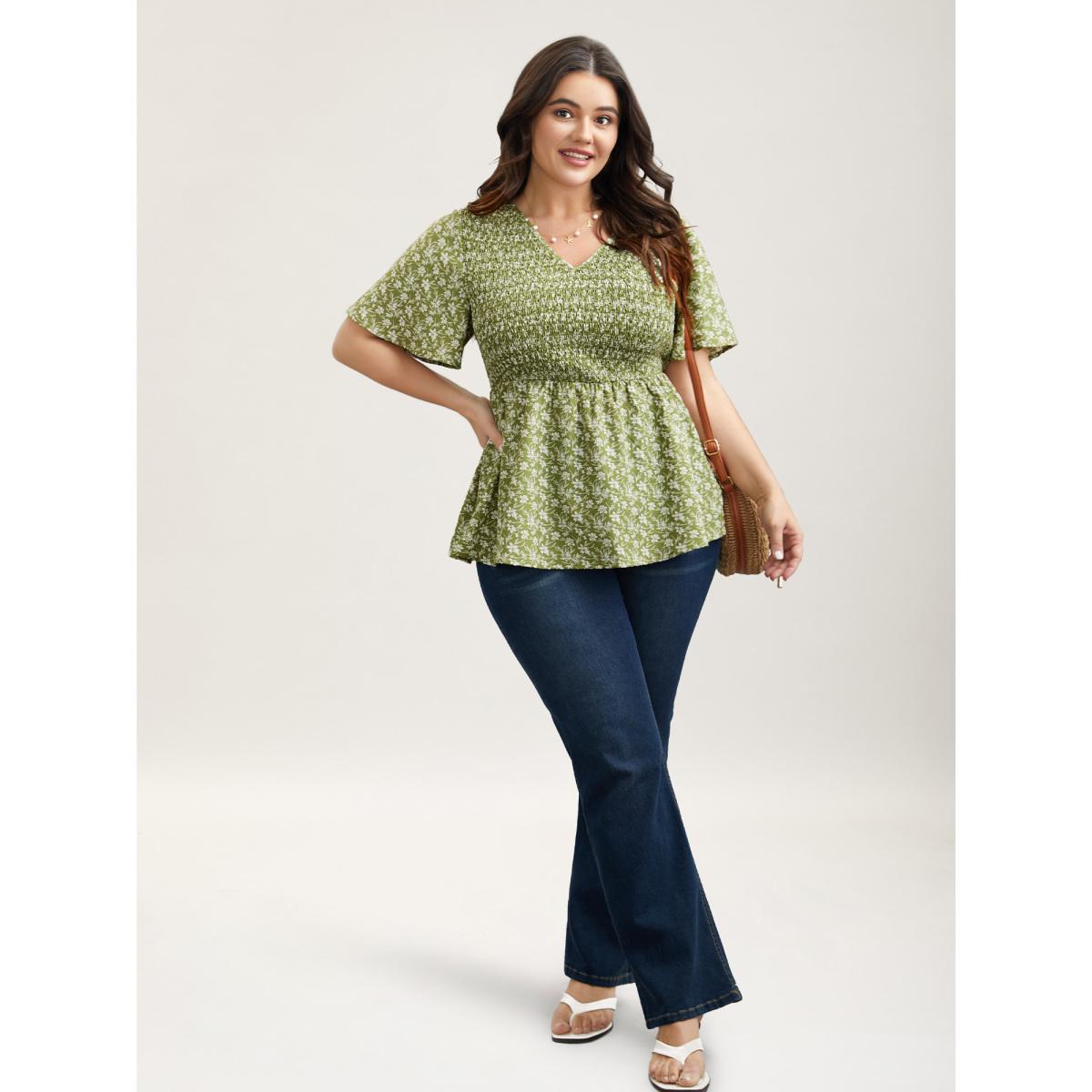 Plus Size Sage Floral Print Shirred Front Peplum Shirt Women Elegant Short sleeve V-neck Everyday Blouses BloomChic 14-16/1X Product Image
