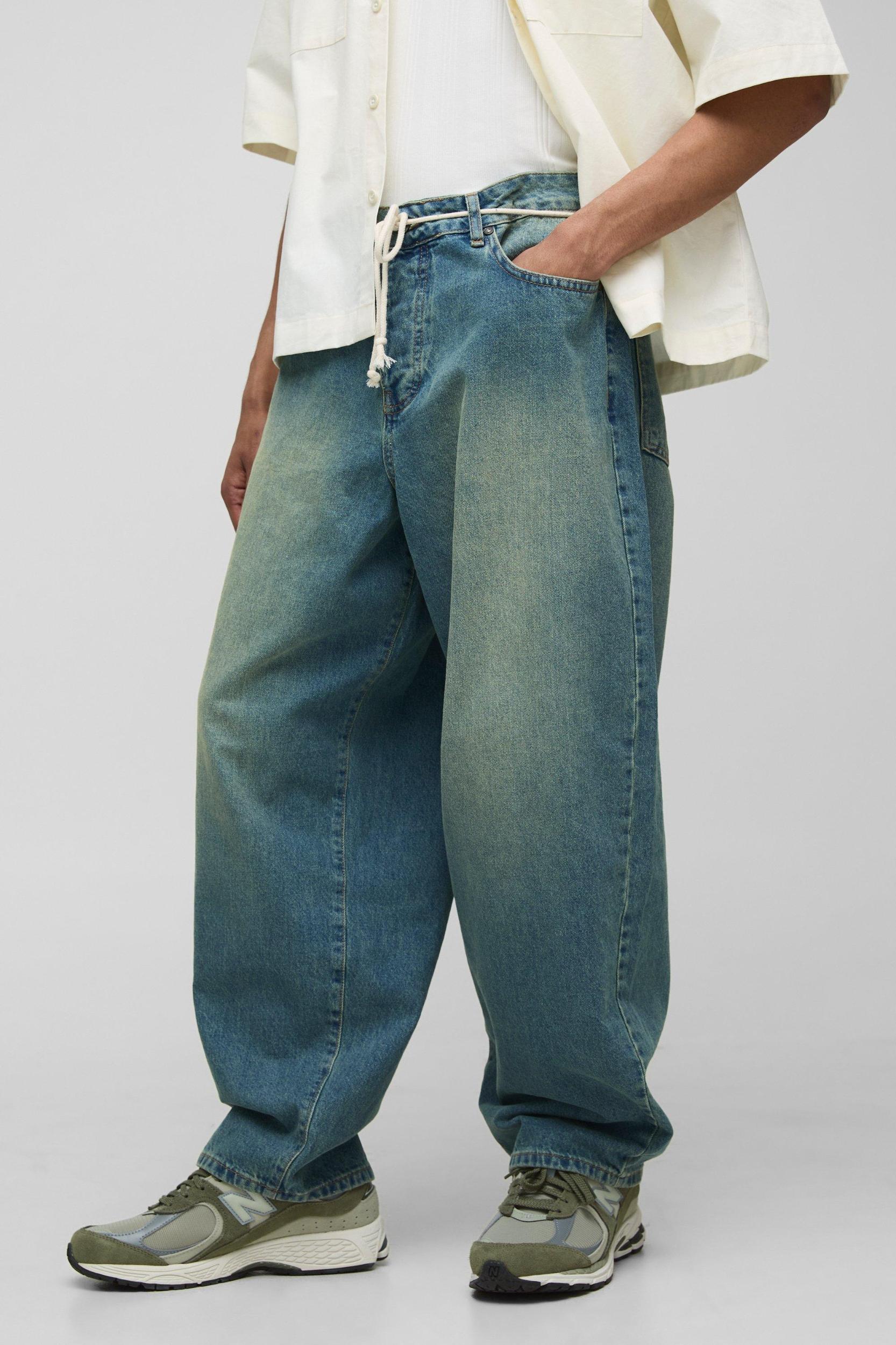 Balloon Fit Antique Tinted Rope Belt Jeans | boohooMAN USA Product Image