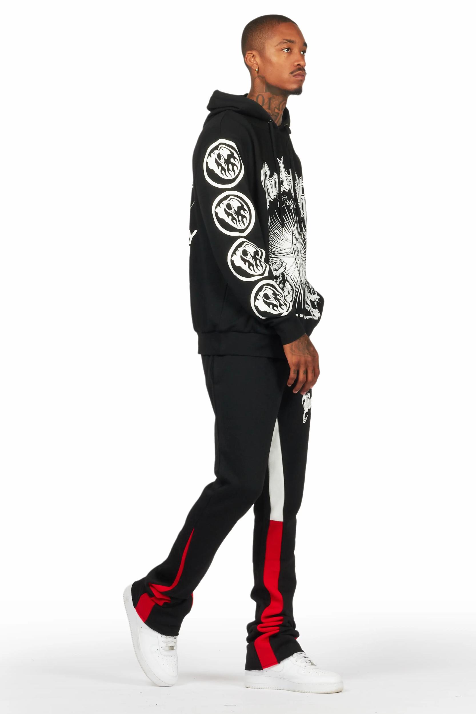 Yarden Black/Red Graphic Hoodie/Stacked Flare Pant Track Set Male Product Image