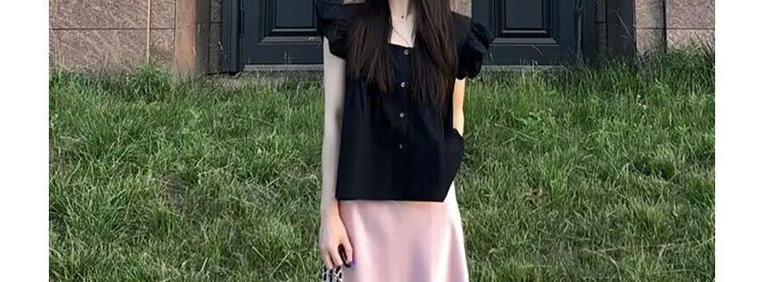 Maternity Cap-Sleeve Square Neck Plain Blouse / High Rise Slit Midi A-Line Skirt / Set Product Image