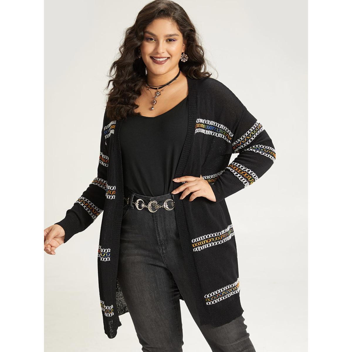 Plus Size Halloween Rainbow Contrast Drop Shoulder Cardigan Black Women Casual Loose Long Sleeve Festival-Halloween Cardigans BloomChic 12/L Product Image